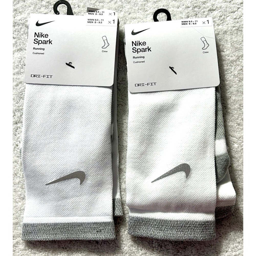 Nike Spark Lot of 2 White CU7200-100 Crew Running Women 9.5-11/Men's 8-9.5 Socks